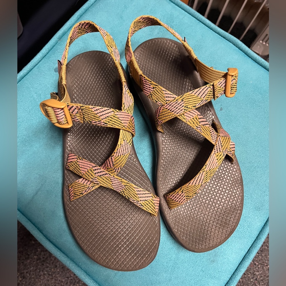 pink & yellow chaco sandals